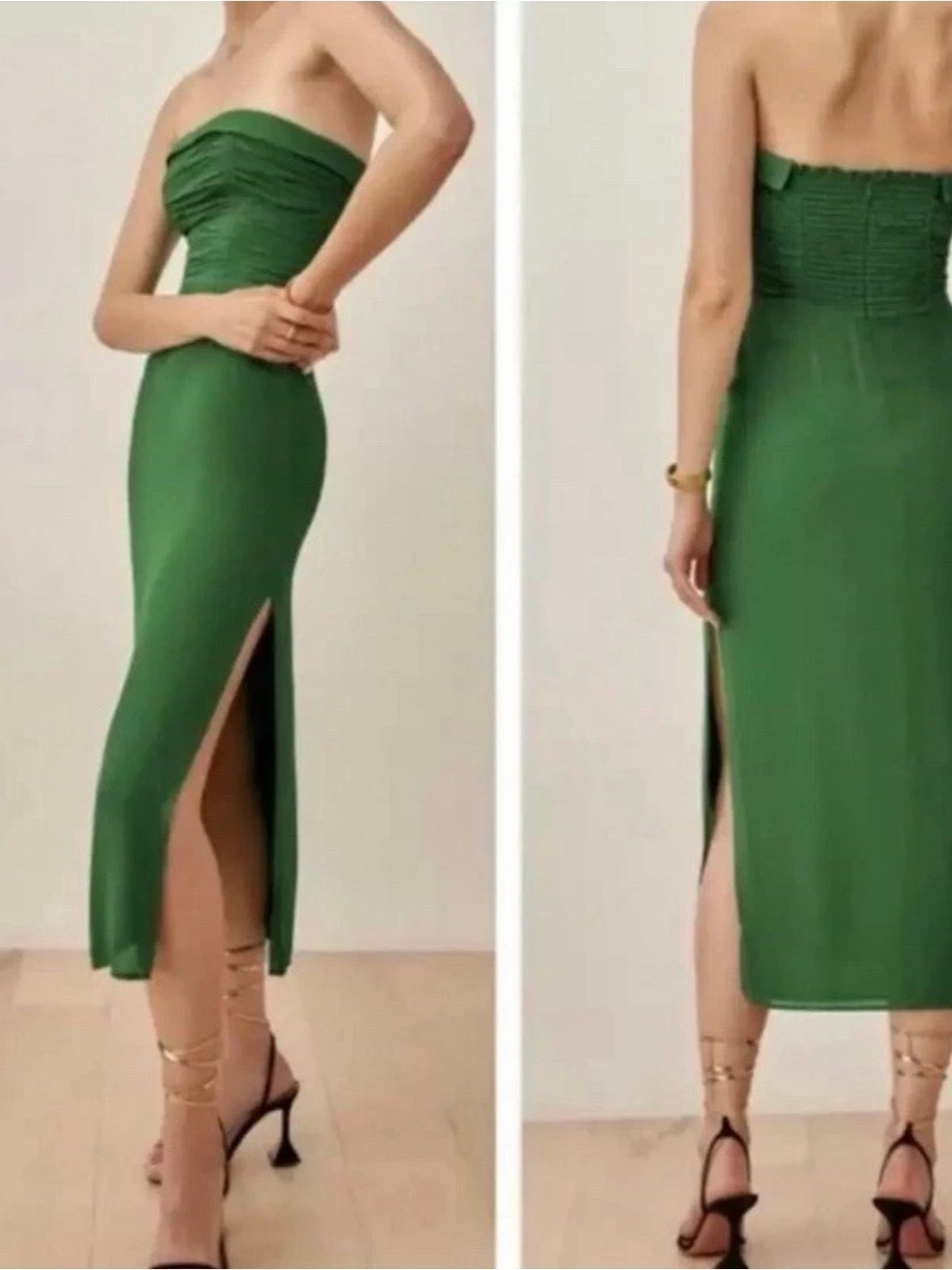 Reformation Lore Ruched Strapless Kelly Green Midi Dress Size 8 B1782